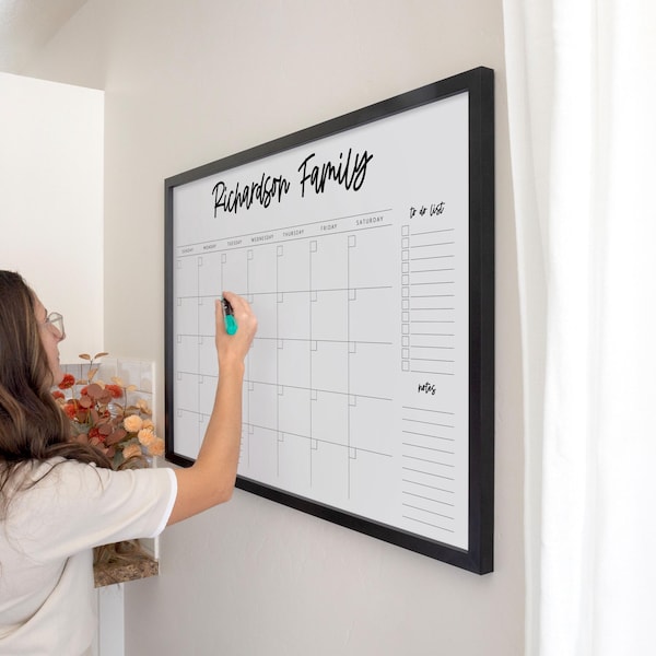 Framed Dry Erase Calendar - Horizontal Layout with List Sections