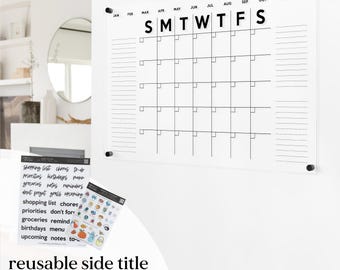 Acrylic Dry Erase Family Calendar, Interchangeable Titles, Wall Mounted