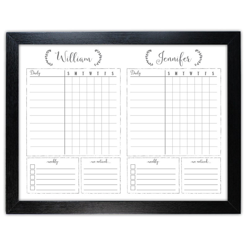 18x24 Two Child Dry Erase Whiteboard Chore Chart , Task Chart White Board, Framed Chore Chart, 2 kid, kid's daily routine board 1886 Black