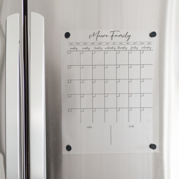 Personalized Dry Erase Monthly Magnetic Acrylic Calendar for Fridge | Monthly Family Planner Calendar Kitchen Decor with Custom Sections
