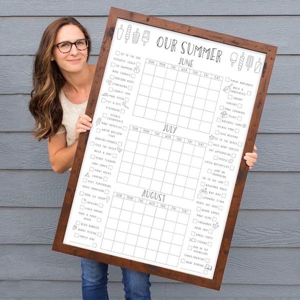 Summer Bucket List Three Month Calendar, Dry-Erase Framed and Colorable Poster Print Options | Popsicle Summer of Fun Calendar for Family