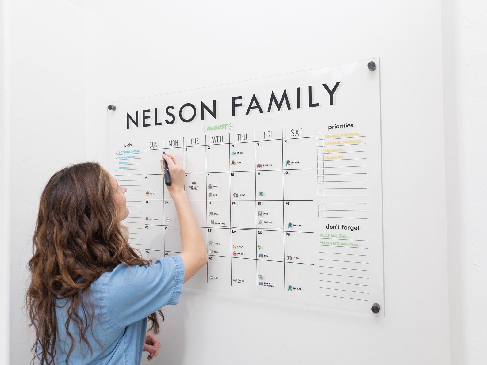 Large Acrylic Calendar For Wall, Personalized Title and Sides, Dry Erase Monthly Board, SM-XL - Color Package, 26"x38" w/Silver