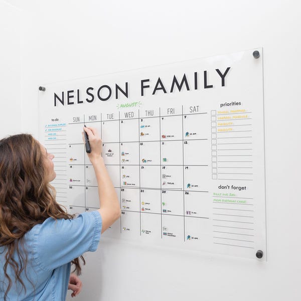 Large Acrylic Calendar For Wall, Personalized Title and Sides, Dry Erase Monthly Board, SM-XL