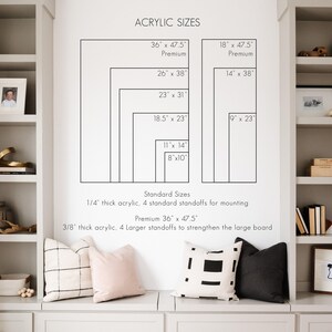 Acrylic board standard sizes are 8x10, 11x14, 9x23, 14x38, 18.5x23, 23x31, 26x38, 18x47.5 or36x47.5