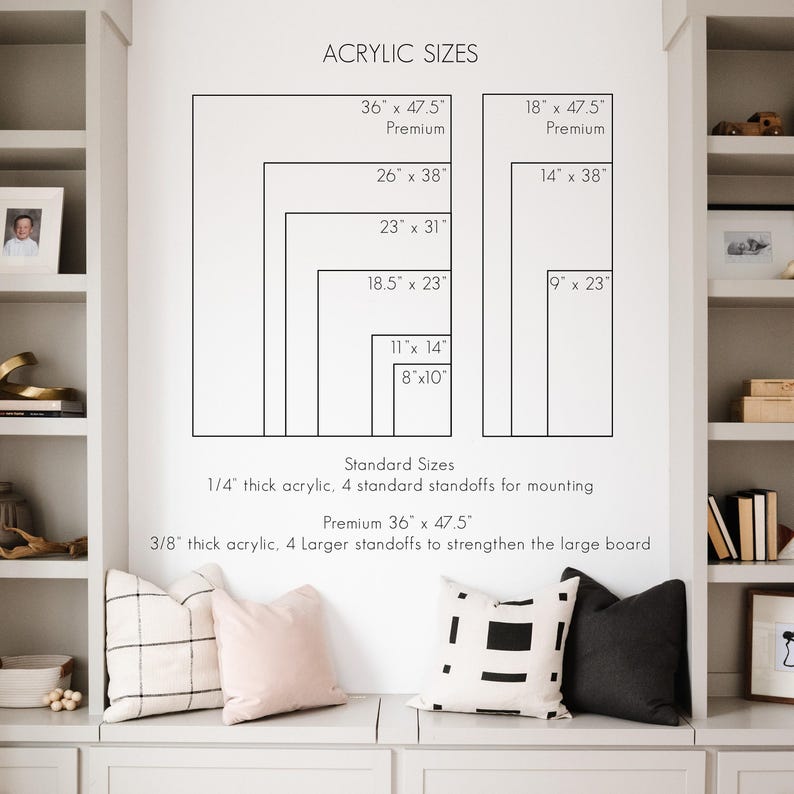 Acrylic board standard sizes are 8x10, 11x14, 9x23, 14x38, 18.5x23, 23x31, 26x38, 18x47.5 or36x47.5
