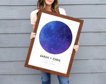 Star Map Personalized, Night Sky Print Framed, Custom Star Map by Date, Wedding Anniversary Gift for Couple, Christmas Gift for Him or Her