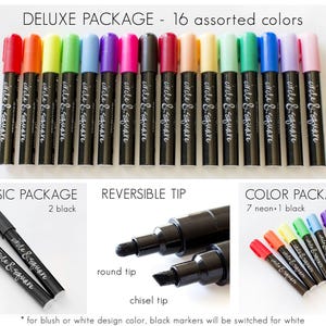 Neon & assorted pen packs available with round or chisel tips that are reversible.
Or the basic package with 2 black markers. There are various package options that can be picked from.