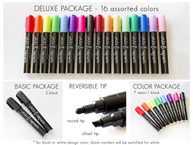 Neon & assorted pen packs available with round or chisel tips that are reversible.
Or the basic package with 2 black markers. There are various package options that can be picked from.