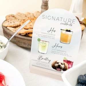 Personalized His, Hers and Pets Signature Cocktails Sign, Wedding Bar Menu on Frosted Acrylic | Custom Pet Signature Drinks Sign