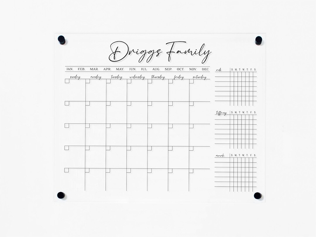 Dry Erase Acrylic Calendar, Personalized With Family Name, Clear Floating  Dry Erase Wall Calendar on Standoffs, Acrylic Board Calendar 