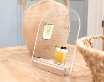 Panneau pour boisson signature de mariage en acrylique transparent personnalisé | Enseigne de cocktail signature menu du bar de réception de mariage