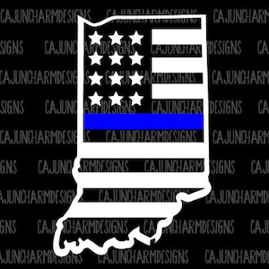 Puede incluir: Un contorno blanco del estado de Indiana con una bandera estadounidense azul y blanca en su interior. La bandera tiene una fina línea azul en el medio.