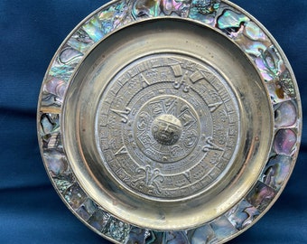 Vintage Alpaca Silver Plate: Aztec Design with Abalone Inlay.