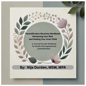 May include: A book cover with a floral design and the title "Parentification Recovery Workbook: Reclaiming Your Role and Healing Your Inner Child". The subtitle is "A Journal Prompt Workbook for Adults that experienced parentification". The author is listed as "Nija Durden, MSW, MPA".