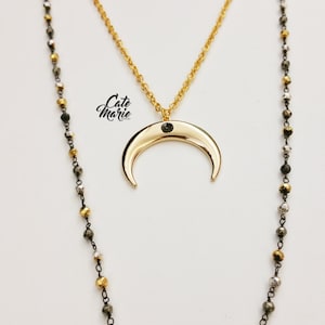 SALE!!! Gold Plated Crescent with  Black Diamond Druzy Accent Layered Necklace