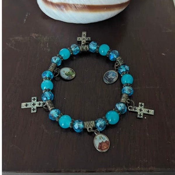 Religious Blue Beaded Stretch Bracelet w/Crosses & Chapel Pendants