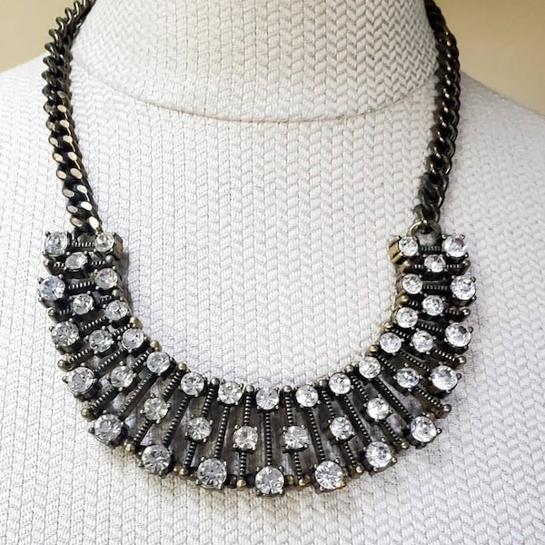 Vintage Silvertone Triple Layer Rhinestone Bib Collar Necklace