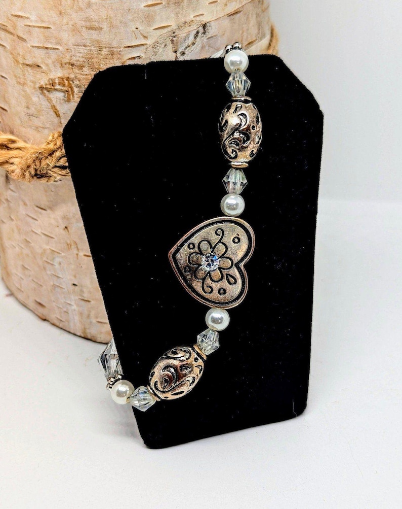 Brighton Vintage Silver Friendship Heart Charm Rhinestone Beaded Bracelet**as is image 5