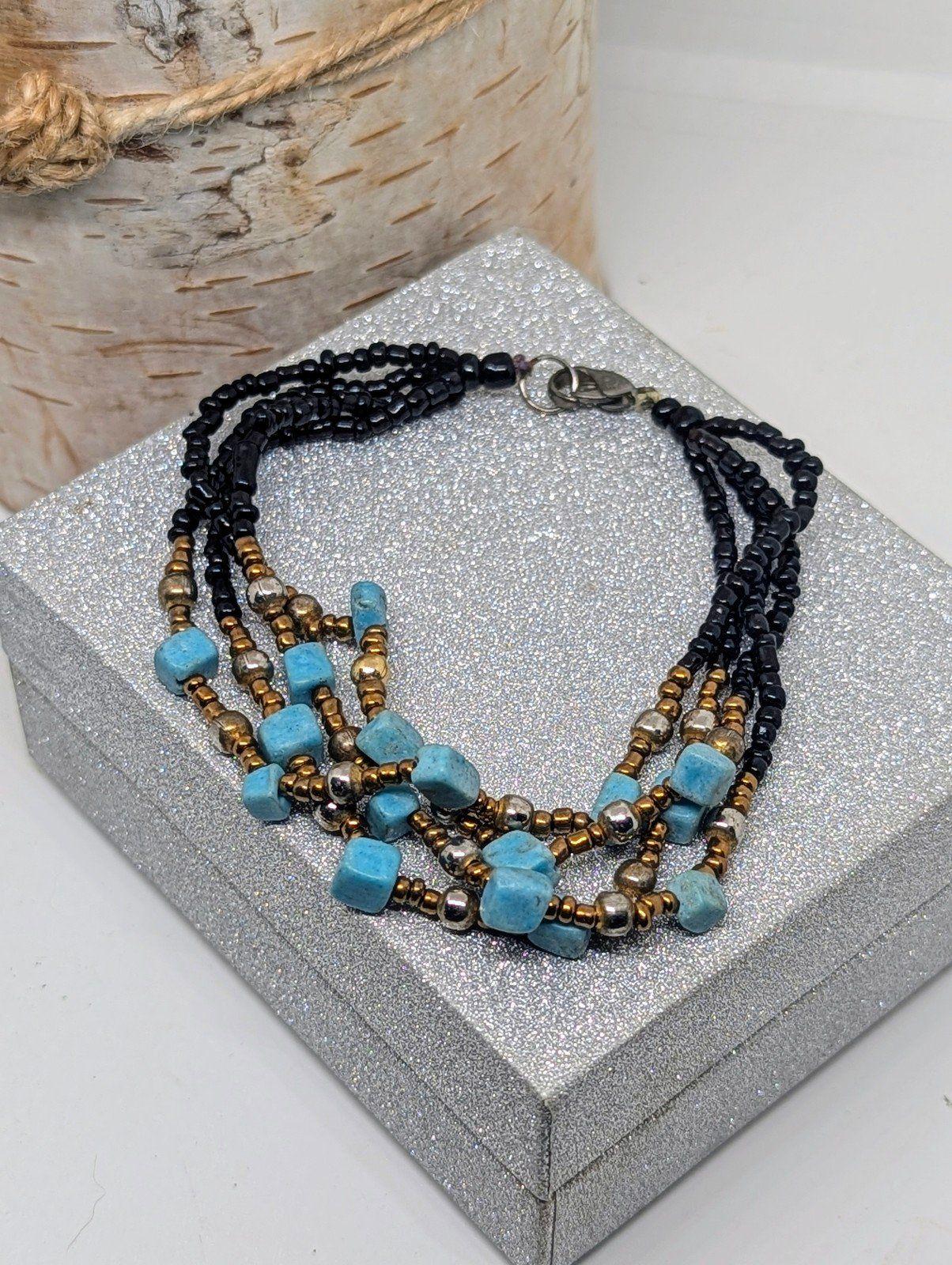 黒とターコイズのビーズブレスレット ヴィンテージ南西部風マルチストランドターコイズカラー＆ブラック