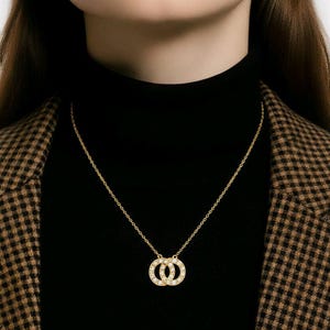 Gold Tone Crystal Rhinestone Embellished Double Open Infinity Circle Link Pendant Necklace