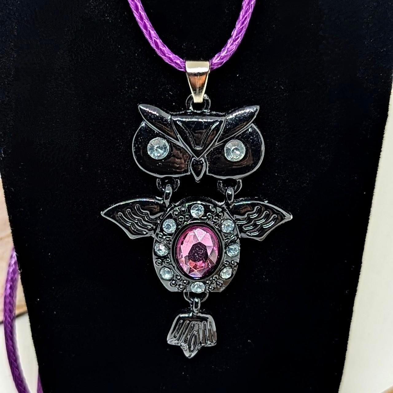 Vintage Gunmetal Gray Pink Crystal Owl Pendant Necklace~Repurposed Love Handcrafted