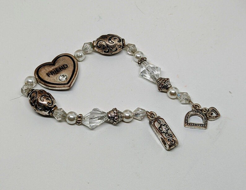Brighton Vintage Silver Friendship Heart Charm Rhinestone Beaded Bracelet**as is image 3