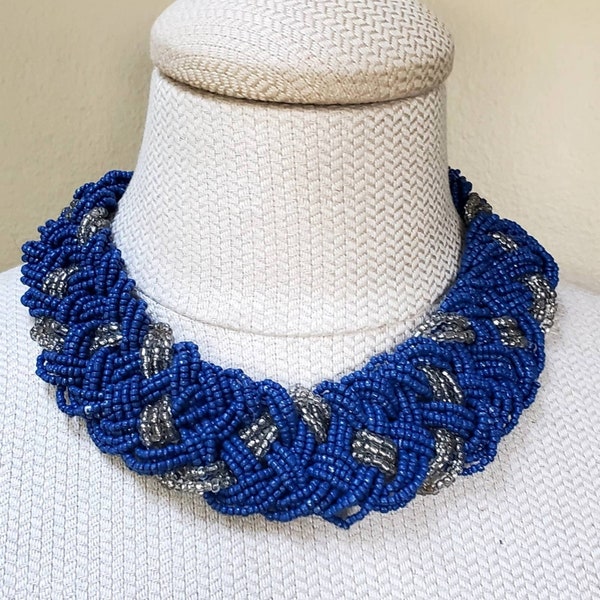 Vintage Chunky Bib Style Blue & Silver Seed Bead Necklace-GORGEOUS!!