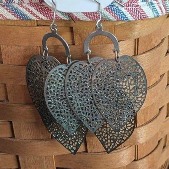 Vintage Boho Silver Filigree Multi Leaf Chandelie… - image 3