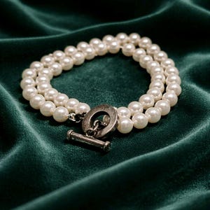 Vintage Bridal Double Strand Faux Pearl Toggle Clasp Bracelet