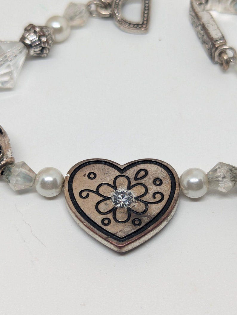 Brighton Vintage Silver Friendship Heart Charm Rhinestone Beaded Bracelet**as is image 2
