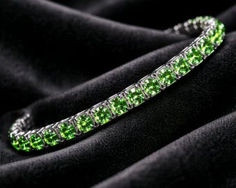 Vintage Green Crystal Rhinestones~Silver Metal Open Bangle Tennis Bracelet