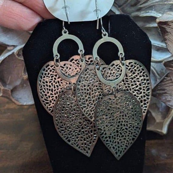 Vintage Boho Silver Filigree Multi Leaf Chandelie… - image 2