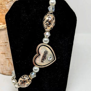 Brighton Vintage Silver Friendship Heart Charm Rhinestone Beaded Bracelet**as is image 6