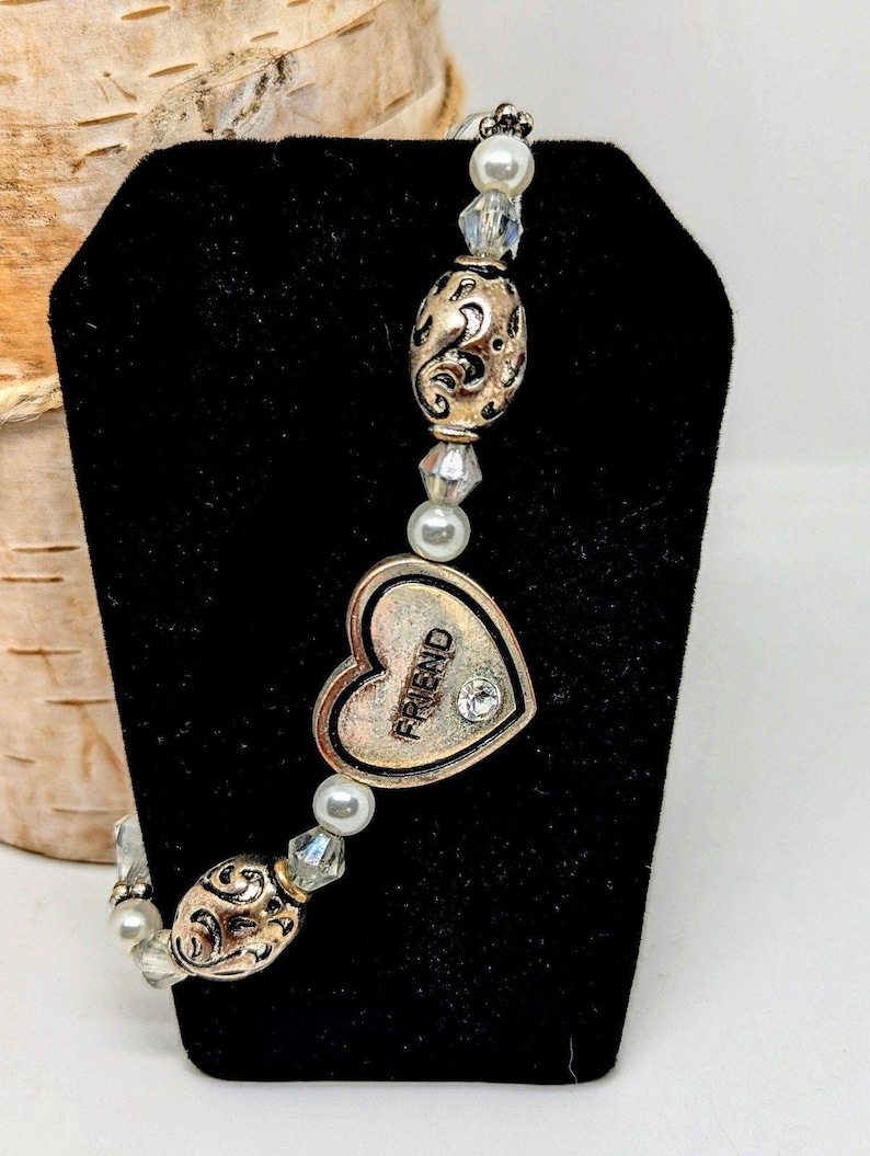 Brighton Vintage Silver Friendship Heart Charm Rhinestone Beaded Bracelet**as is image 6