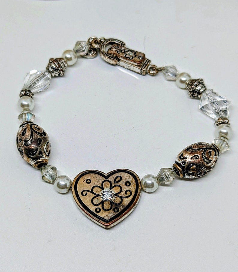 Brighton Vintage Silver Friendship Heart Charm Rhinestone Beaded Bracelet**as is image 1