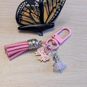 May include: A black and orange butterfly-shaped accessory and a pink keychain with a tassel, bow charm, and a ballerina charm. The keychain has a pink clasp and silver accents. The butterfly accessory has a black base.