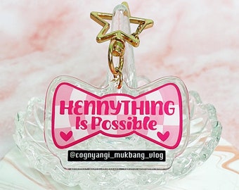 Keychain Hennything is Possible Fun Text Checkered Bow Logo Unique Keychain, Bag Charm, Keyring for Hennessy Lovers