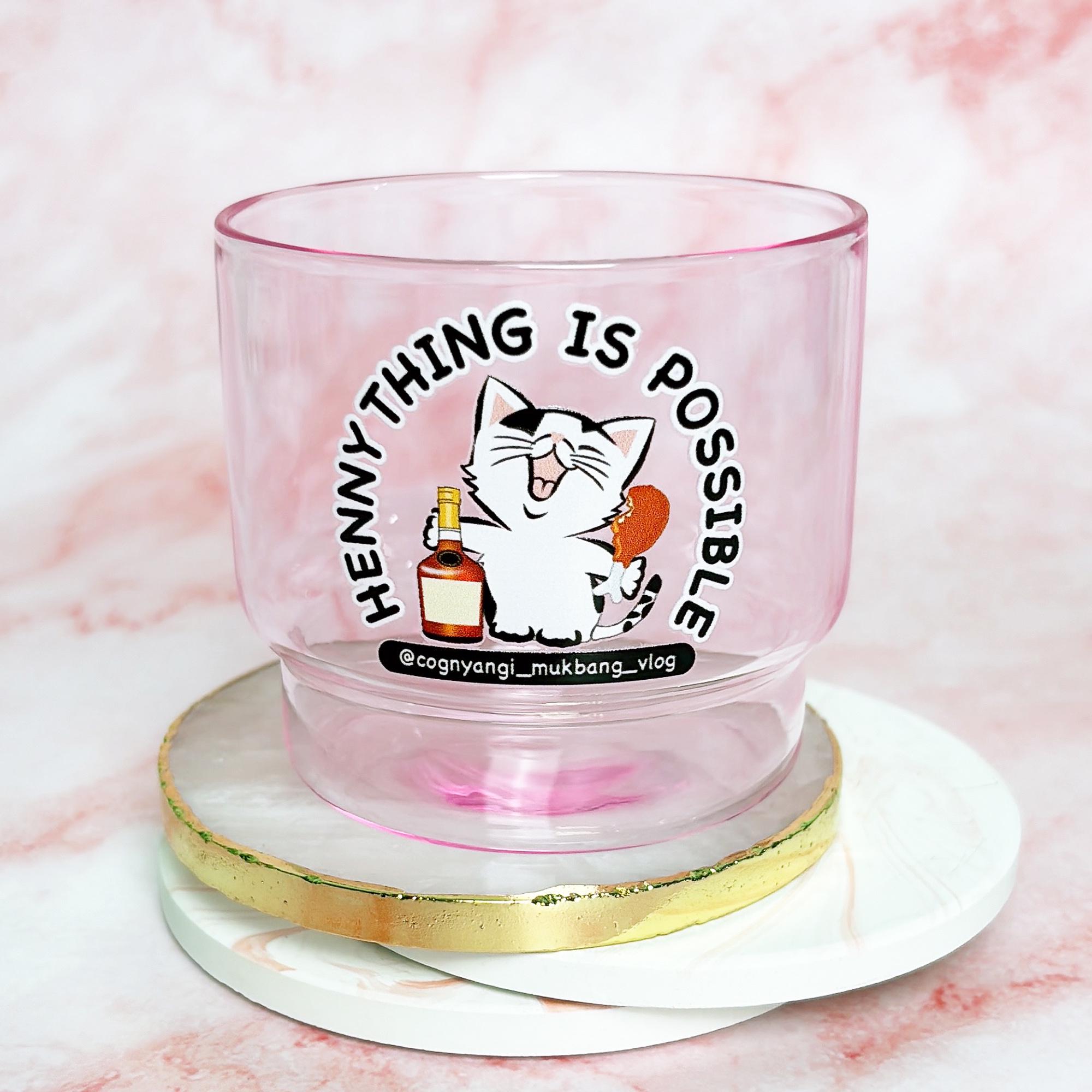Pink Drinking Glass Cup for Hennessy Lover, Hennything Is Possible Fun Text Cat Logo Designed One of Kind Rock Glasses, 10oz Pink Glass Cup