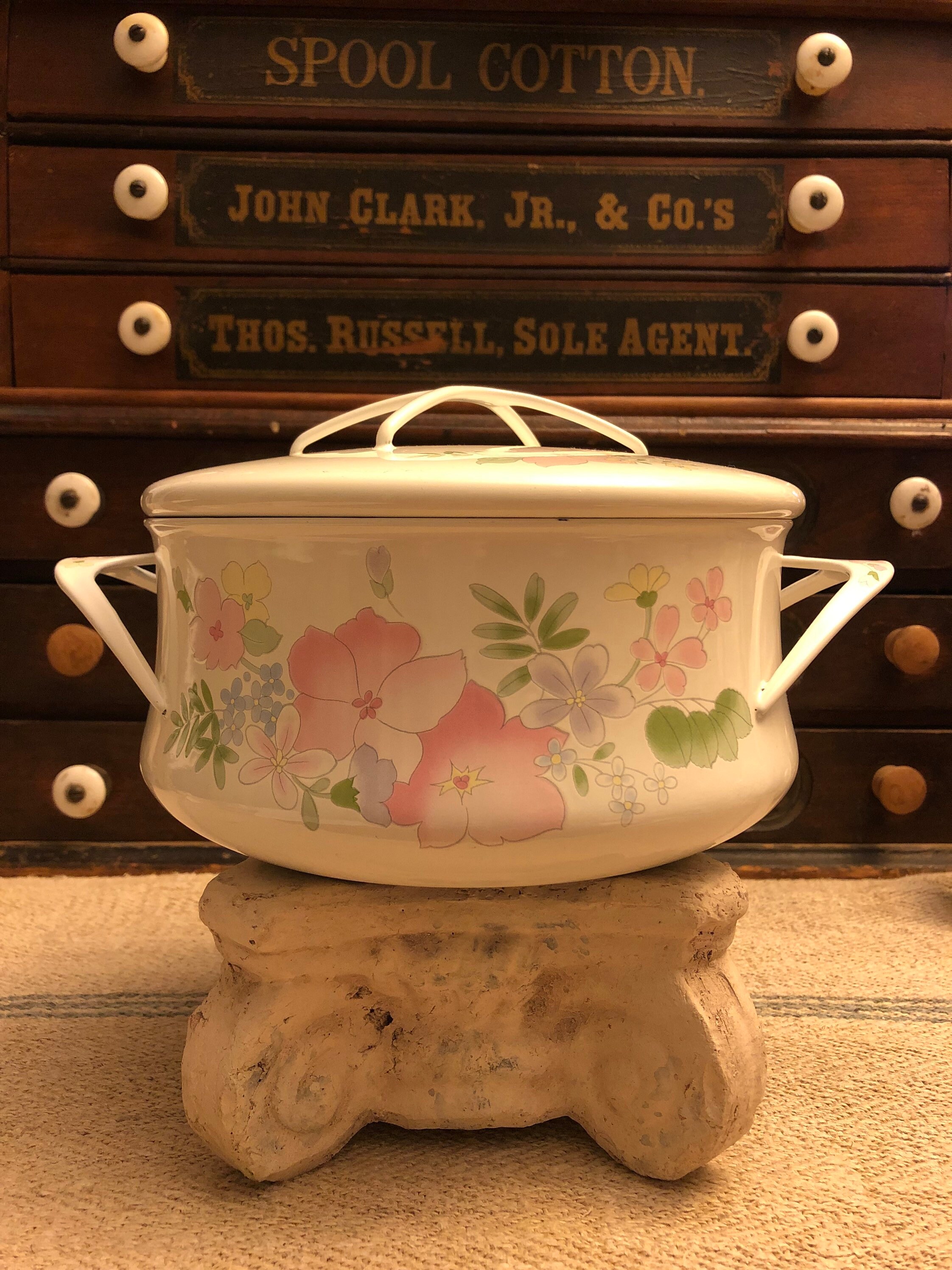 made in Japan. Vintage White Enamel with Pink Floral Pattern Kobe TM