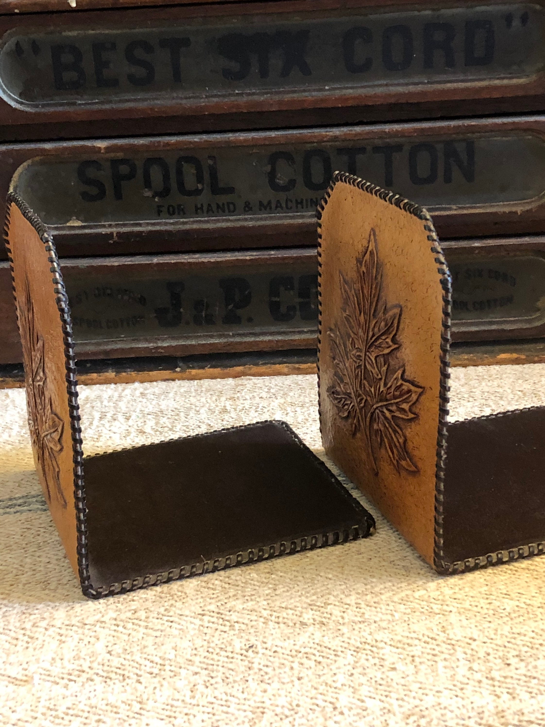 Pair of Tooled Leather Bookends With Branch With Three Etsy Canada