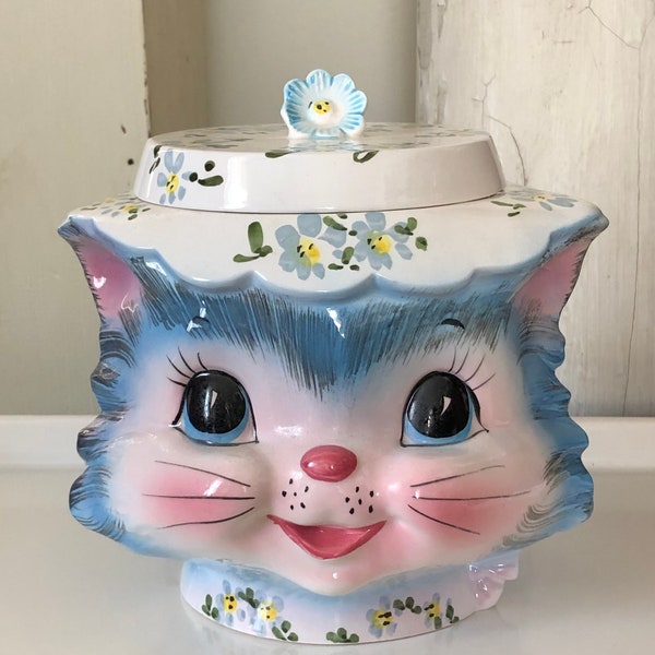 Absolutely Adorable Lefton Miss Priss Baby Blue Cat Cookie Jar. Made in Japan in 1950s.