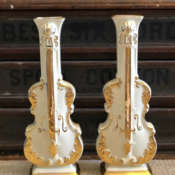 Pair of kitschy Vintage Violin or Cello Ivory and Gold Wall Pockets/Wall Vases. The epitome of 60s kitsch!