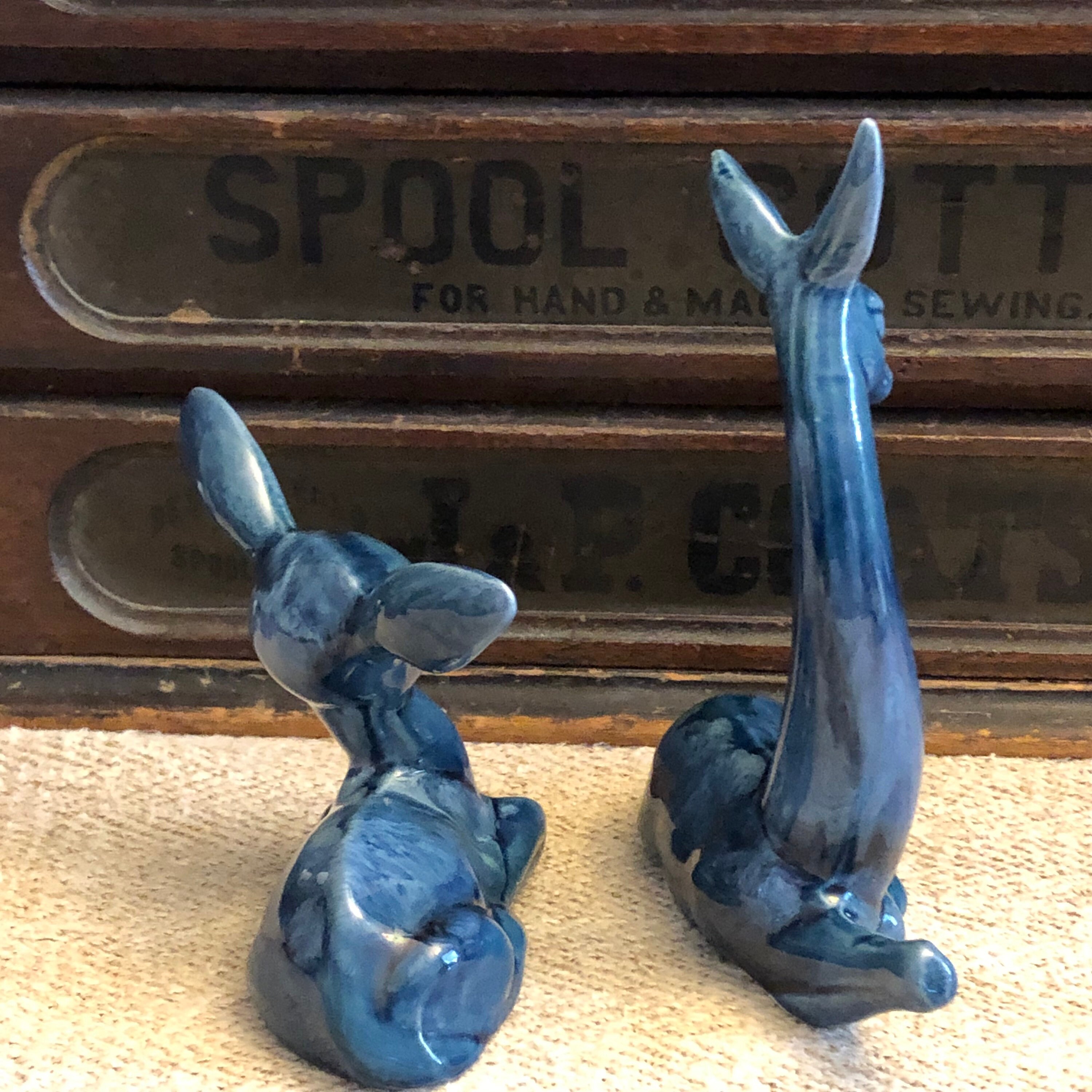 Set of Two Vintage Ceramic Deep Blue Deer Figurines. A Doe and Etsy
