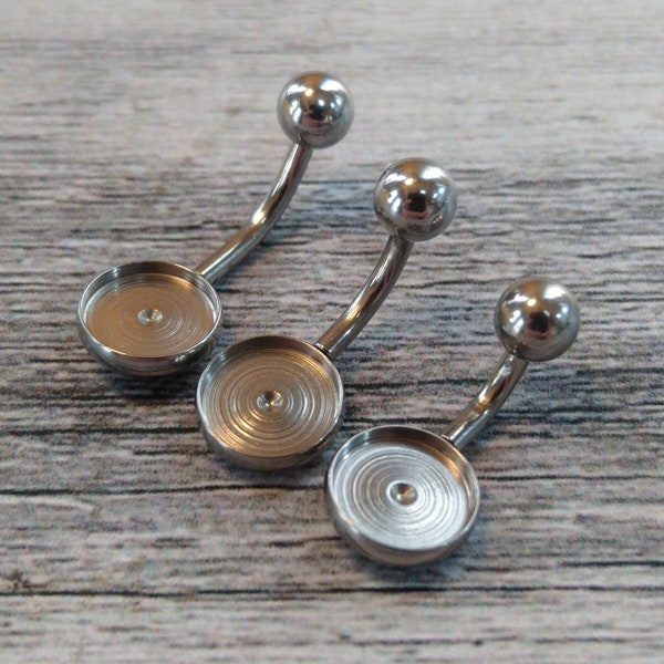 Belly Bar Blank Setting - 316l Surgical Steel - 8mm Cabochon - 14 Gauge - 3 Bar Lengths - Belly Ring Finding