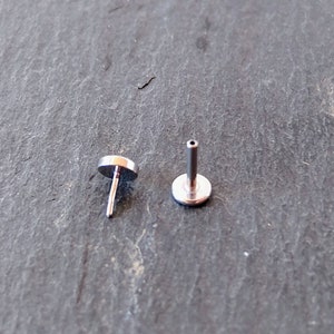 May include: Two silver-colored lip piercing studs. Each stud has a flat, circular top and a straight post. One stud is upright, showing the post and the underside of the top. The other stud is angled, displaying the top and post.