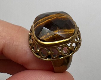 Tigers Eye Faceted Stone Brass Ring Size 7.75