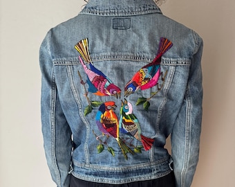 Hand Embroderied Birds Upcycled Demin Jacket S- M