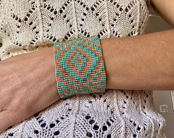 Tribal Golden Geometric Beaded Cuff Bracelet