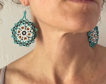 Turquoise Copper Mandala Beaded Earrings