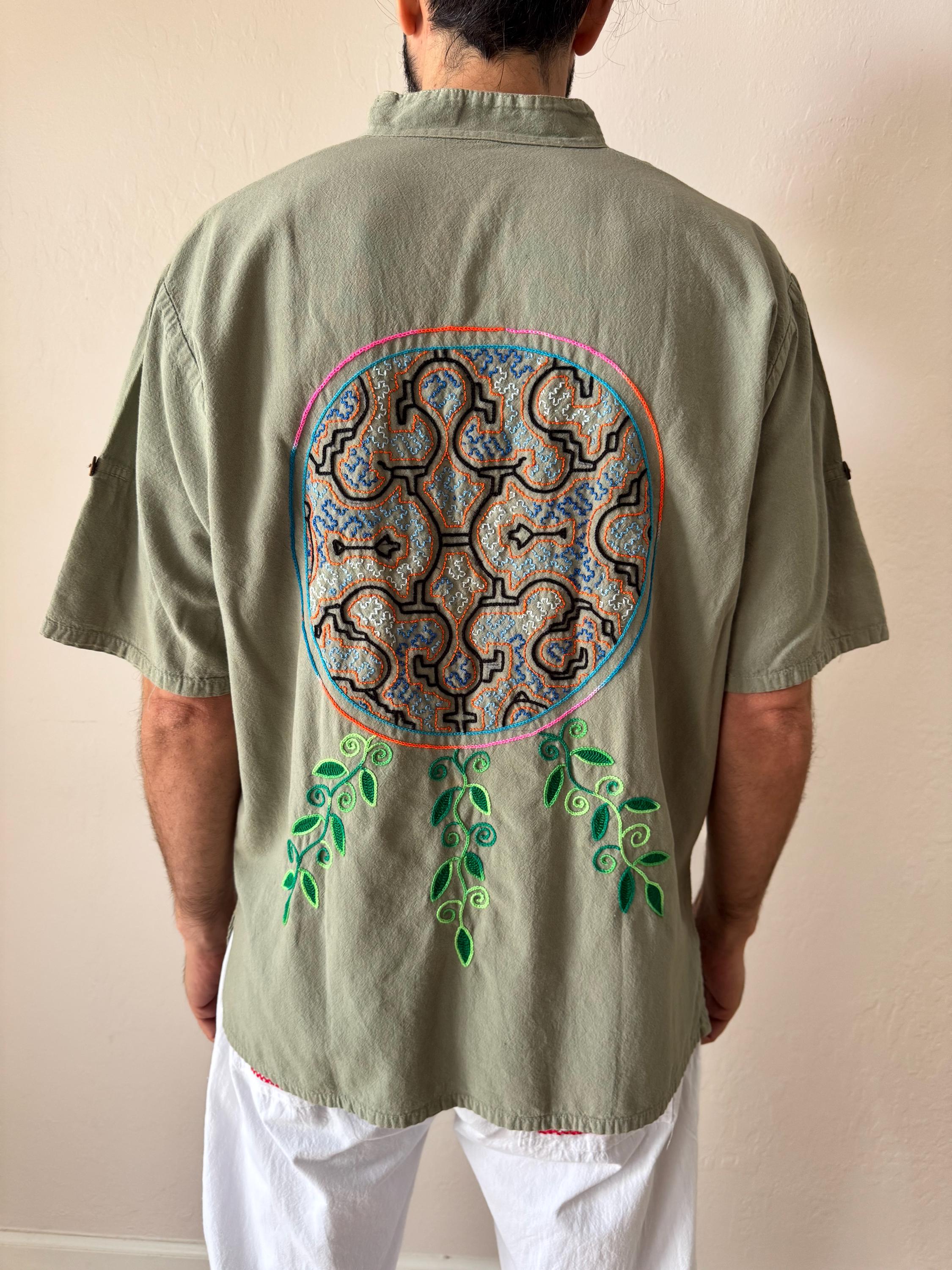 Shipibo Hand Embroidered Shirt: Icaros Kené Art Sage Green Cotton